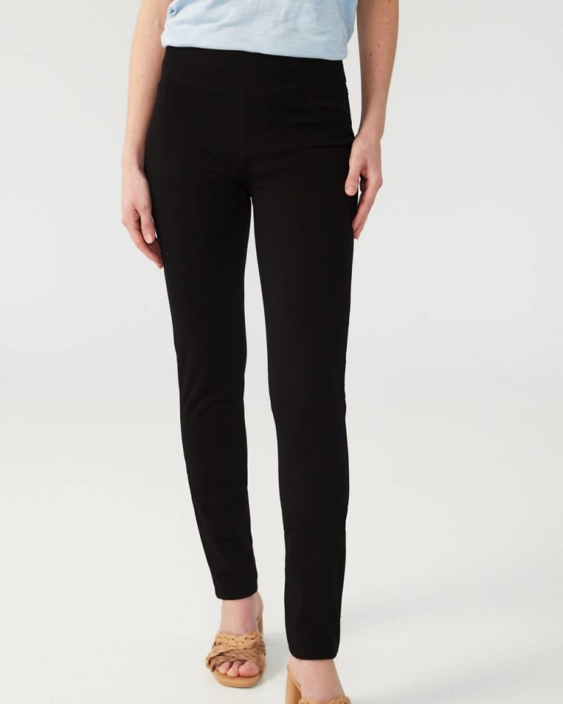 Front of a model wearing a size 10 Love Slim Jegging Love Denim In Black in Black by FDJ. | dia_product_style_image_id:359714